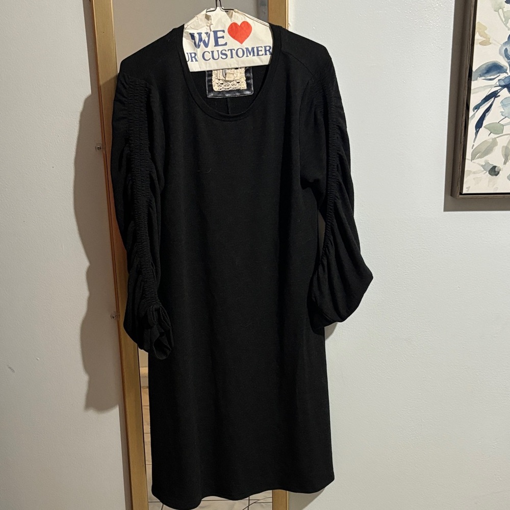 Cupio Black Midi Dress with Ruched Balloon Sleeves